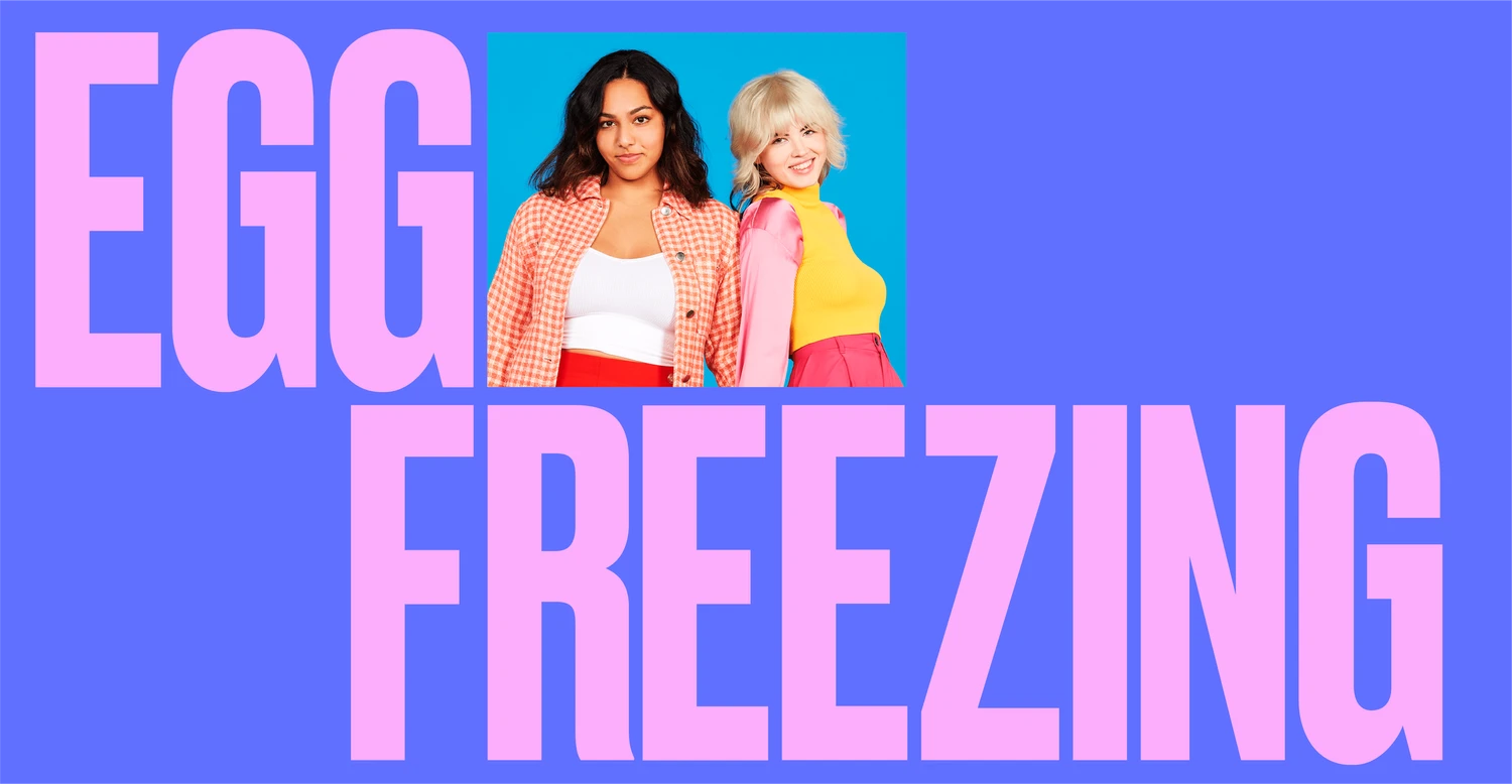 Egg Freezing - two young women standing side by side against a bright blue backdrop