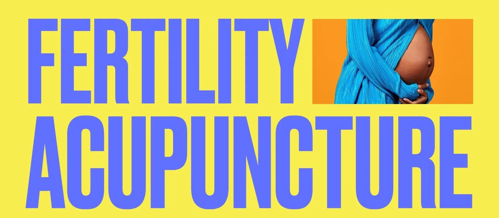 Fertility Acupuncture - pregnant belly in an open blue pleated shirt against an orange backdrop
