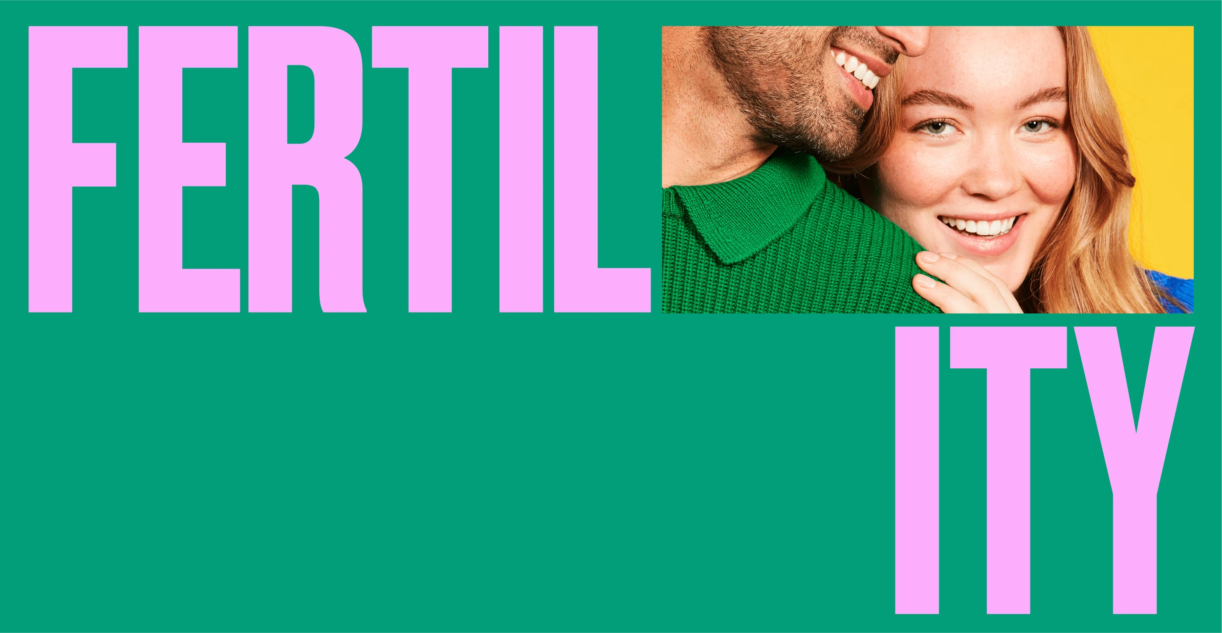 Fertility - smiling woman leaning against a man in a green knit polo, yellow backdrop